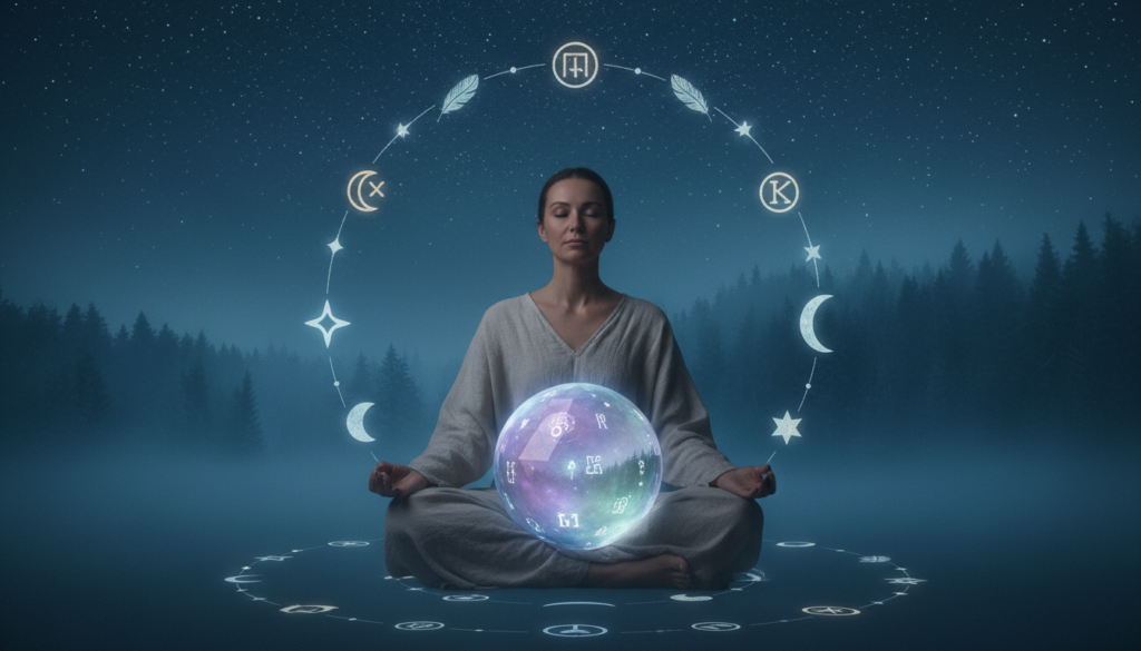 A serene and ethereal scene illustrating spiritual dream analysis. In the foreground, a wise and calm figure, dressed in modest, flowing robes, sits cross-legged, meditating with closed eyes, surrounded by softly glowing dream symbols like stars, moons, and feathers. In the middle ground, a crystalline crystal ball emits a gentle, colorful light, reflecting images of ancient symbols and dreamy landscapes. The background features a night sky filled with twinkling stars and a misty forest, wrapped in a tranquil blue hue, enhancing the spiritual atmosphere. The lighting is soft and diffused, creating a mystical ambiance, captured from a slightly elevated angle to give depth and focus on the figure and symbols, inviting viewers to reflect on the connection between dreams and spirituality.