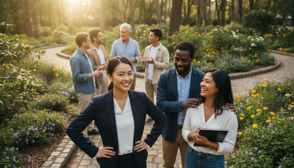 A serene and inspiring scene depicting a diverse group of individuals engaged in a lively discussion outdoors, surrounded by nature. In the foreground, a confidently smiling young woman in professional attire stands with her hands on her hips, radiating self-assurance. Nearby, two friends of different ethnicities, one encouraging the other with a supportive gesture, demonstrate camaraderie and upliftment. The middle ground features lush greenery and blooming flowers, symbolizing growth and positivity. In the background, soft sunlight filters through trees, casting a warm glow and creating a peaceful atmosphere. The overall mood is uplifting and motivational, conveying the essence of building self-confidence and self-esteem through encouraging words. The image is shot from a slightly elevated angle to capture the interactions and the beauty of the setting, creating a sense of openness and connection.