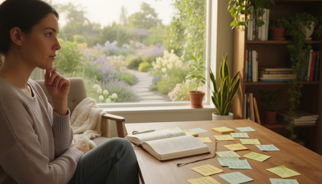 A serene and inspiring workspace depicting emotional resilience. In the foreground, a focused individual in modest casual clothing sits at a desk, surrounded by motivational quotes on sticky notes and a journal open to a page filled with reflections. In the middle ground, a calming view through a large window reveals a lush garden bathed in soft morning light, symbolizing growth and opportunity. The background features a bookshelf filled with uplifting literature and plants, creating a warm, inviting atmosphere. The lighting is soft and natural, enhancing the peaceful mood of determination and hope. The composition is framed with a gentle depth of field, emphasizing the subject's contemplative expression while inviting the viewer to feel a sense of empowerment and positivity.