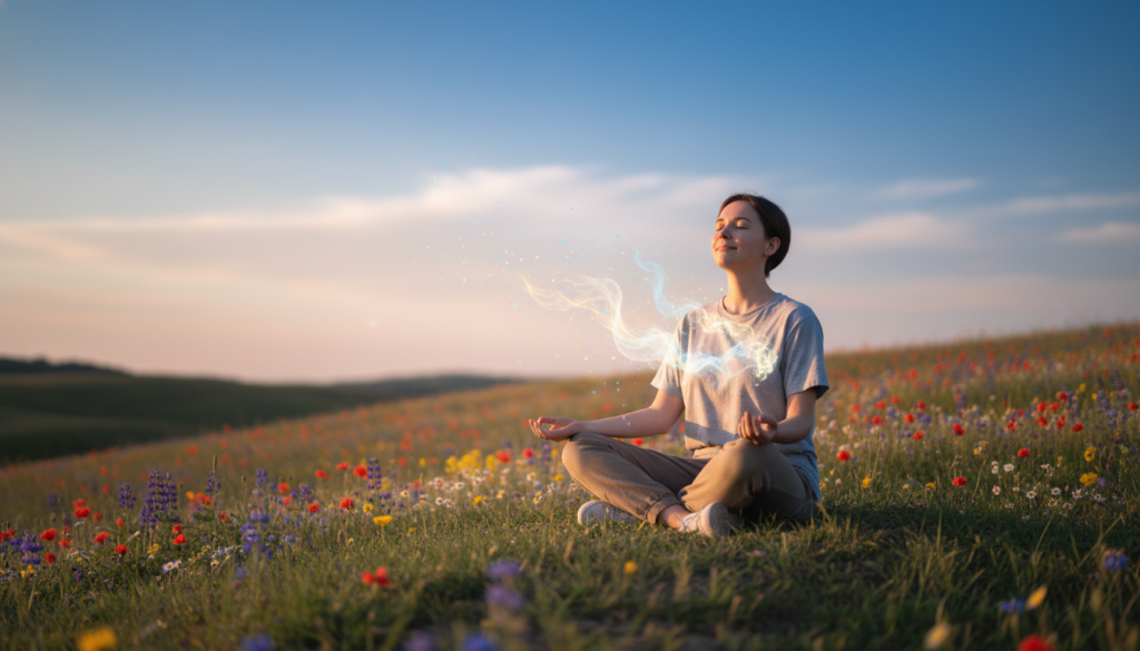 A serene and introspective scene depicting a person experiencing emotional release. In the foreground, a young adult in modest casual clothing sits cross-legged on a grassy hilltop, eyes closed, with a peaceful expression. Soft, warm light bathes the scene, suggesting early morning or late afternoon. The middle ground features gentle rolling hills adorned with vibrant wildflowers, symbolizing the beauty of letting go. In the background, a tranquil sky transitions from deep blues to soft pinks and oranges, embodying the calm after a storm. Incorporate ethereal wisps of light emanating from the figure, representing released emotions floating away. The overall mood is peaceful and liberating, inviting viewers to reflect on their own inner journey. Use a soft focus lens to enhance the dreamlike quality, creating a captivating and harmonious atmosphere.