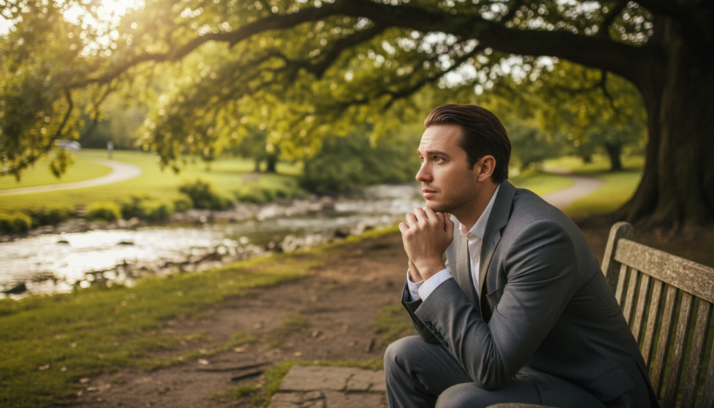 A serene and introspective scene depicting a person in professional attire, seated on a park bench under a large, leafy tree. The foreground features the individual with a thoughtful expression, eyes reflecting a moment of realization. In the middle ground, a gentle, flowing river symbolizes emotional resilience, with smooth stones representing life's challenges. The background showcases soft, diffused sunlight filtering through the tree leaves, creating dappled shadows on the ground, enhancing the sense of calm and reflection. The atmosphere is tranquil and empowering, with a warm color palette that invokes feelings of hope and strength. The angle is slightly elevated, emphasizing the individual’s journey towards recognizing emotional impact in their life.