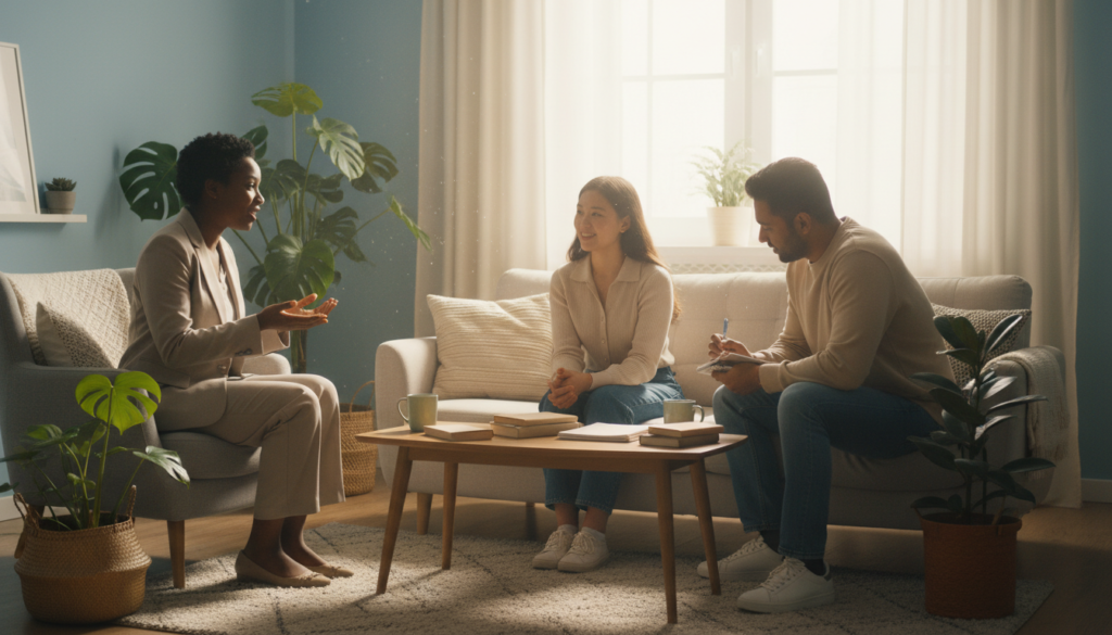 A serene and inviting scene illustrating mental health support, featuring a diverse group of three individuals in a cozy, well-lit room. In the foreground, a Black woman in professional attire is sharing an inspirational message, while a South Asian man in modest casual clothing takes notes on a notepad, displaying attentiveness. The middle ground showcases a comfortable sofa and calming plants, fostering a supportive atmosphere. In the background, soft, natural light streams in through a large window, casting a warm glow on the space. The mood is uplifting and encouraging, conveying hope and motivation. The overall arrangement harmonizes personal connection and professional growth, emphasizing the importance of mental health support in daily life.