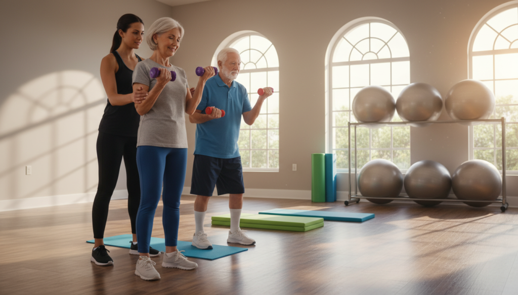 A serene fitness studio setting designed for seniors, emphasizing safety in strength training. In the foreground, an older adult woman and man in modest athletic attire are engaging in light resistance training with dumbbells. They show proper form, with the woman receiving guidance from a certified personal trainer, who is positioned beside her. In the middle ground, exercise mats and stability balls are arranged neatly, demonstrating a safe workout environment. The background features large windows letting in soft, natural light, creating a warm and inviting atmosphere. The mood is encouraging and focused, reflecting a sense of community and support for older adults striving to maintain strength and mobility. Shot at eye level to create an intimate connection with the viewers.