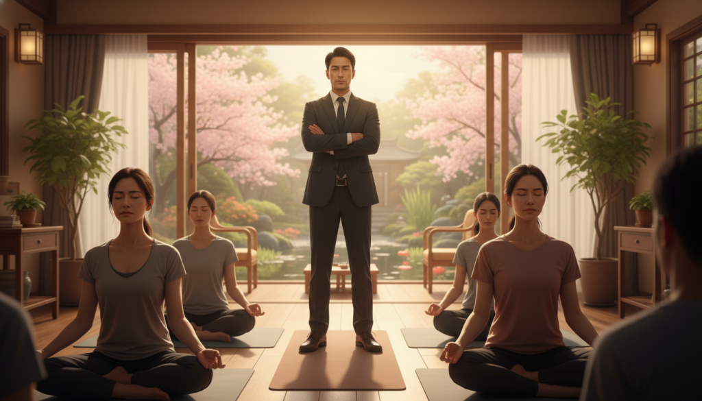 A serene indoor setting focused on mental discipline, featuring a diverse group of individuals meditating in a sunlit room. In the foreground, a determined woman in modest athletic wear sits cross-legged on a yoga mat, eyes closed, embodying concentration and tranquility. In the middle, a man in professional business attire stands with his arms crossed, observing the workout routine, representing commitment and focus. The background showcases a large window overlooking a tranquil garden, with soft, warm sunlight streaming in, creating an inviting atmosphere. Warm colors dominate the scene, and the overall mood is one of determination, serenity, and the power of daily commitment to personal strength and growth. The angle is slightly elevated, providing a comprehensive view of the scene while emphasizing focus on the individuals and the serene environment.
