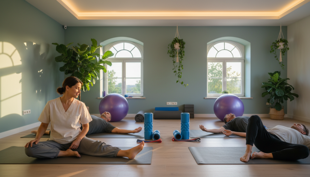 A serene indoor setting for psoas muscle release techniques, featuring a professional therapist guiding a client through gentle stretches. In the foreground, the therapist, dressed in modest, professional clothing, demonstrates a specific pose to enhance psoas muscle relaxation. The middle ground includes yoga mats and various exercise props like foam rollers and stability balls, emphasizing a well-equipped space for muscle therapy. The background showcases calming, soft lighting with soothing colors on the walls, plants for a relaxing atmosphere, and large windows allowing natural light to filter in. The overall mood is tranquil and focused, highlighting the importance of core stability and mindfulness in muscle release therapy.