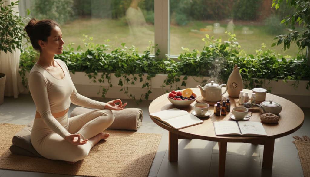 A serene indoor space filled with natural light, featuring a cozy yoga mat in the foreground where a person in modest activewear is performing a gentle yoga pose, symbolizing calm and balance. In the middle, a table is adorned with fresh fruits, herbal teas, and wellness journals, representing a holistic lifestyle and nutritional choices. The background showcases a window with plants, emphasizing a connection to nature and tranquility. Soft, warm lighting enhances the peaceful atmosphere, creating a sense of harmony and wellness. The angle is slightly elevated, capturing both the person and the wellness elements, inviting the viewer into this modern, mindful lifestyle aimed at reducing visceral fat through calming rituals and holistic health practices. A serene indoor space filled with natural light, featuring a cozy yoga mat in the foreground where a person in modest activewear is performing a gentle yoga pose, symbolizing calm and balance. In the middle, a table is adorned with fresh fruits, herbal teas, and wellness journals, representing a holistic lifestyle and nutritional choices. The background showcases a window with plants, emphasizing a connection to nature and tranquility. Soft, warm lighting enhances the peaceful atmosphere, creating a sense of harmony and wellness. The angle is slightly elevated, capturing both the person and the wellness elements, inviting the viewer into this modern, mindful lifestyle aimed at reducing visceral fat through calming rituals and holistic health practices.