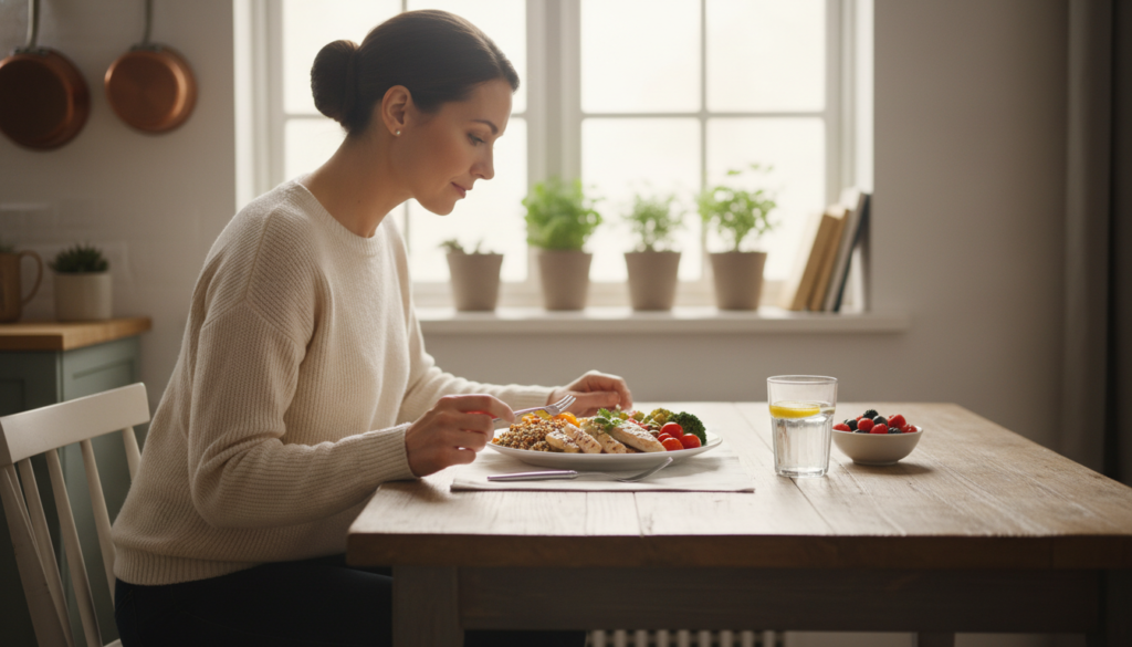 A serene kitchen setting bathed in soft, natural light, focusing on an elegantly arranged dining table. In the foreground, a vibrant, balanced 500-calorie meal composed of colorful vegetables, lean protein, and healthy grains takes center stage, emphasizing visual appeal and wholesome ingredients. In the middle ground, a professional woman in modest casual attire thoughtfully examines the meal, with a composed expression illustrating determination and focus. The background shows soft-focus kitchen elements, like fresh herbs and cooking utensils, to evoke a sense of home and preparation. The overall atmosphere conveys a sense of calm and mindfulness, promoting the idea of appetite control through thoughtful eating practices. Use a slightly elevated angle to capture the full spread of the meal, creating an inviting and inspiring image.