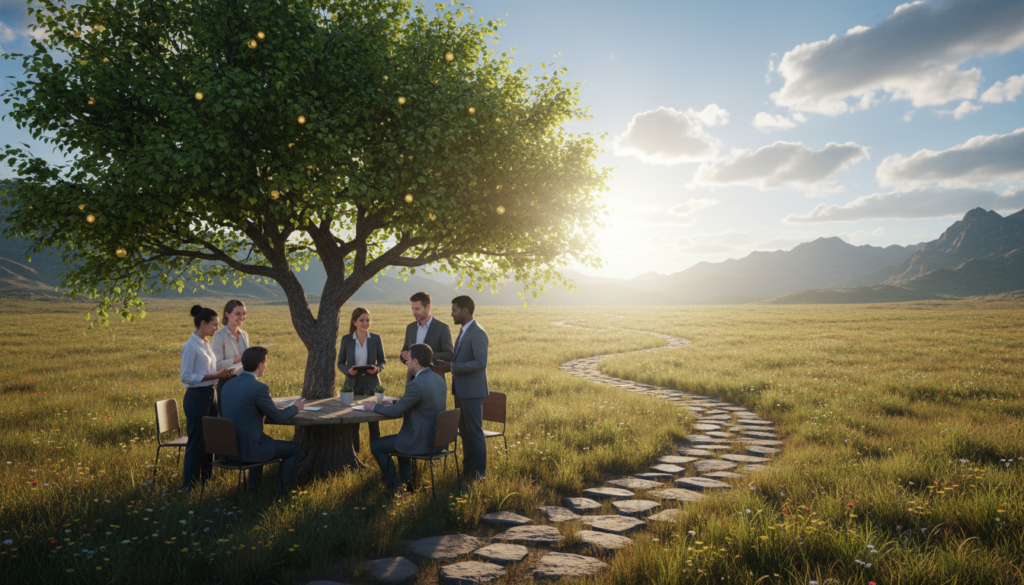 A serene landscape depicting the essence of a "growth mindset." In the foreground, a diverse group of individuals in professional business attire is brainstorming together around a large, vibrant tree lush with green leaves, which symbolizes growth and potential. In the middle ground, a winding path made of stepping stones leads towards a sunlit horizon, representing the journey of progress and learning. The background features a bright blue sky with fluffy white clouds and distant mountains, enhancing the atmosphere of possibility and aspiration. Soft, warm sunlight filters through the leaves of the tree, creating a hopeful and inspiring mood, emphasizing collaboration and innovation. The image should be captured from a slightly elevated angle, showcasing the interactions and the flourishing tree as central focal points without any text overlays or distractions.