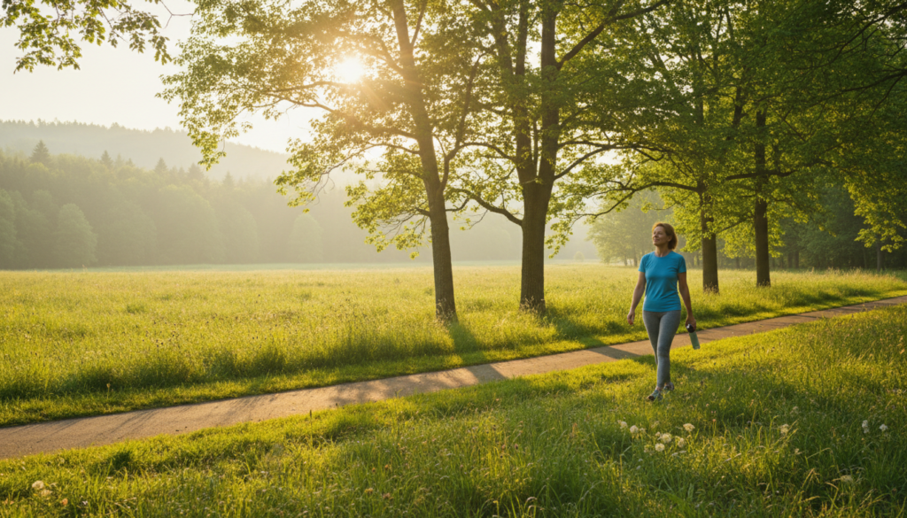 A serene morning scene showcasing a person walking in a sun-drenched park, embodying the benefits of morning sunlight for circadian rhythm and weight loss. In the foreground, a middle-aged individual dressed in modest activewear strolls on a pathway, bathed in warm golden sunlight that filters through the trees. In the middle ground, vibrant greenery bursts with life, with tall grasses gently swaying. The background reveals a soft-focus view of distant hills, lightly shrouded in morning mist, enhancing the tranquility. The lighting is soft and inviting, highlighting the warmth of sunrise as it casts long shadows. The overall mood is calming yet invigorating, capturing the essence of a peaceful morning ritual focused on health and wellness. A serene morning scene showcasing a person walking in a sun-drenched park, embodying the benefits of morning sunlight for circadian rhythm and weight loss. In the foreground, a middle-aged individual dressed in modest activewear strolls on a pathway, bathed in warm golden sunlight that filters through the trees. In the middle ground, vibrant greenery bursts with life, with tall grasses gently swaying. The background reveals a soft-focus view of distant hills, lightly shrouded in morning mist, enhancing the tranquility. The lighting is soft and inviting, highlighting the warmth of sunrise as it casts long shadows. The overall mood is calming yet invigorating, capturing the essence of a peaceful morning ritual focused on health and wellness.