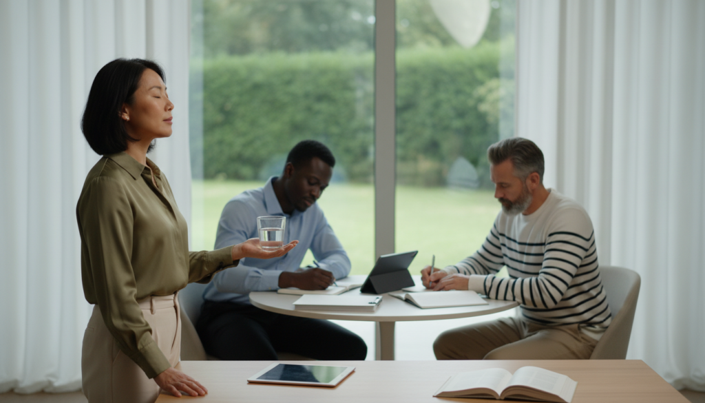 A serene office space featuring a diverse group of three professionals engaged in a discussion about emotional regulation strategies. In the foreground, a middle-aged woman of Asian descent, dressed in smart casual attire, is demonstrating deep breathing techniques, with a calm expression as she balances a glass of water on a desk, symbolizing mindfulness. In the middle ground, two men, one Black and one Caucasian, are seated across from each other at a round table, jotting down notes on emotional regulation methods like journaling and cognitive reframing, their expressions focused and contemplative. The background showcases a window with soft natural light streaming in, casting gentle shadows, creating an inviting and productive atmosphere. The mood is calm and introspective, reflecting the practice of overcoming obstacles in emotional regulation.