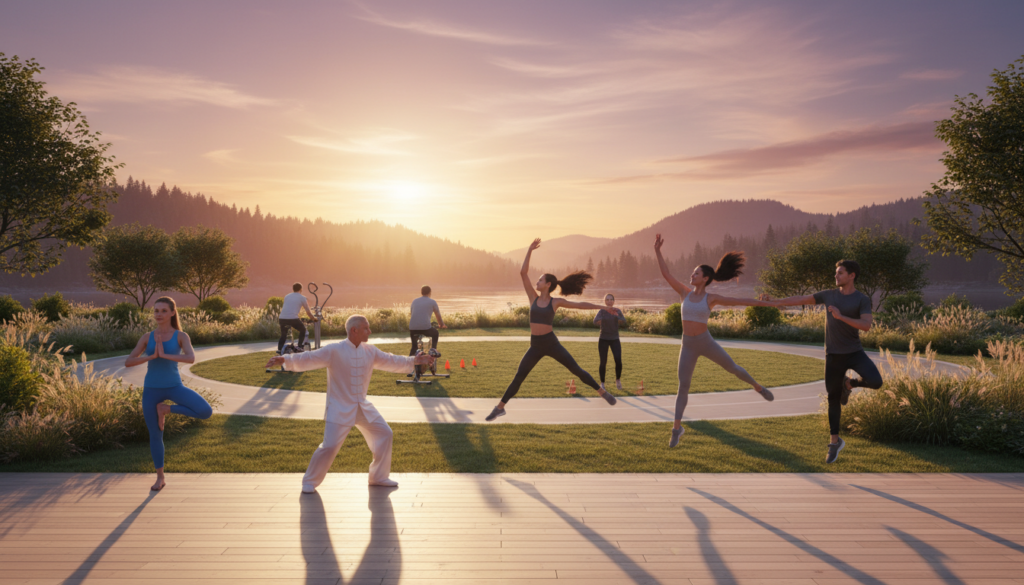 A serene outdoor fitness landscape showcasing diverse movement patterns for optimal wellness. In the foreground, a diverse group of individuals in professional athletic wear practicing yoga, tai chi, and dance, embodying fluid and varied movements. In the middle ground, an open area with fitness equipment arranged to encourage dynamic exercises like cycling and agility drills, with greenery prominently featured. The background features a vibrant sunset, casting warm, golden light that enhances the tranquil atmosphere. Soft shadows play on the ground, creating a sense of depth. The scene captures a holistic approach to fitness with an inviting and harmonious environment, conveying a message of variety in movement for longevity and overall well-being.