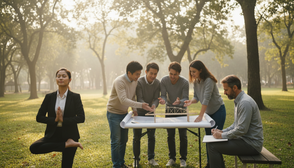 A serene outdoor scene depicting a diverse group of individuals engaging in various activities that symbolize growth and resilience. In the foreground, a young woman in professional attire is practicing yoga, radiating calm and focus, while a middle-aged man is writing in a notebook, showcasing introspection and planning. In the middle ground, a small circle of people, dressed in modest casual clothing, are collaborating on a project, embodying teamwork and encouragement. The background features a lush green park with gentle sunlight filtering through trees, casting a warm, inviting glow. The atmosphere is uplifting and positive, encouraging a sense of self-belief and personal growth, captured with soft, natural lighting to evoke warmth and hopefulness. A wide-angle lens adds depth and perspective to the scene, emphasizing the supportive environment.