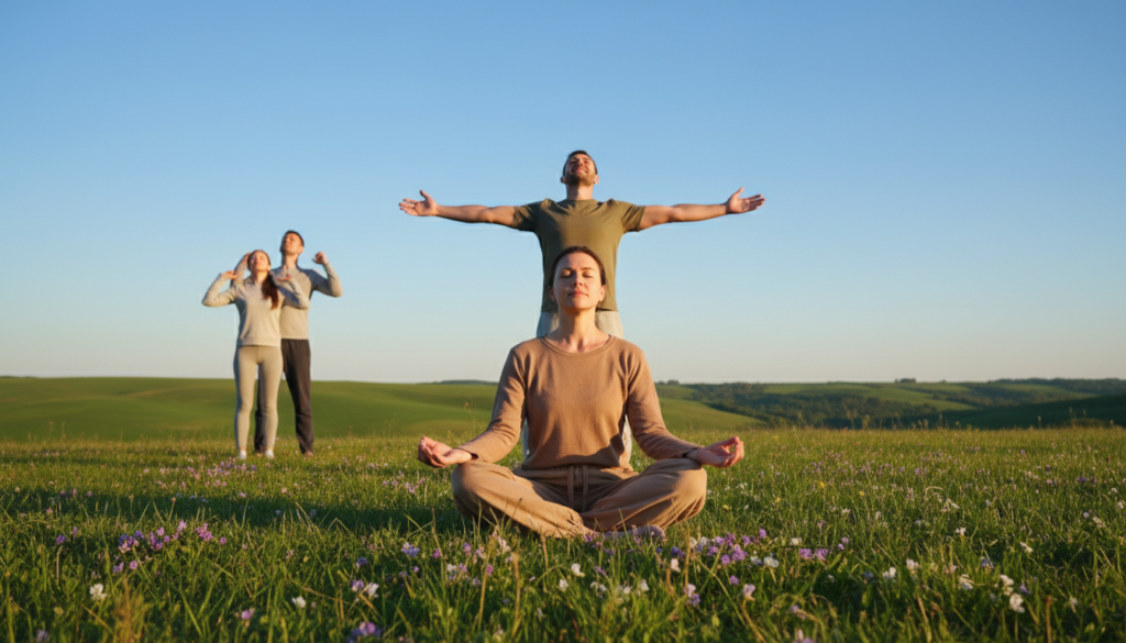 A serene outdoor setting depicting a diverse group of individuals engaged in mindfulness practices for emotional wellness. In the foreground, a woman in modest casual clothing sits cross-legged on a soft green grass, meditating, surrounded by gentle floral accents. In the middle, a man stands with arms outstretched, embracing the sunlight, embodying a sense of wonder and joy. Nearby, a couple is engaging in slow, synchronized breathing exercises, their expressions calm and focused. The background reveals a tranquil landscape with soft rolling hills and a bright blue sky, creating a vast sense of space. The lighting is warm and soft, with a golden hour glow casting gentle shadows, enhancing the peaceful atmosphere. The overall mood is uplifting, encouraging viewers to connect with the essence of wonder and mindfulness.