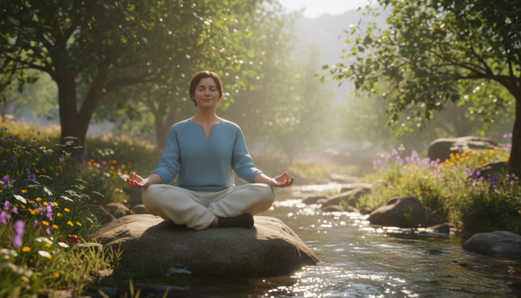 A serene outdoor setting depicting a young adult meditating on a smooth rock by a gently flowing stream, surrounded by lush green trees and blooming wildflowers. The foreground features the person sitting cross-legged, wearing comfortable, modest casual clothing, with a calm expression that conveys deep focus and self-awareness. In the middle ground, soft sunlight filters through the leaves above, creating dappled light patterns on the ground, adding warmth to the scene. In the background, the stream flows gently, glistening as the light catches the water. The overall mood is peaceful and reflective, promoting a sense of clarity and joy. The image is captured with a soft focus lens to enhance the tranquil atmosphere, emphasizing the inner peace experienced through self-awareness techniques. A serene outdoor setting depicting a young adult meditating on a smooth rock by a gently flowing stream, surrounded by lush green trees and blooming wildflowers. The foreground features the person sitting cross-legged, wearing comfortable, modest casual clothing, with a calm expression that conveys deep focus and self-awareness. In the middle ground, soft sunlight filters through the leaves above, creating dappled light patterns on the ground, adding warmth to the scene. In the background, the stream flows gently, glistening as the light catches the water. The overall mood is peaceful and reflective, promoting a sense of clarity and joy. The image is captured with a soft focus lens to enhance the tranquil atmosphere, emphasizing the inner peace experienced through self-awareness techniques.