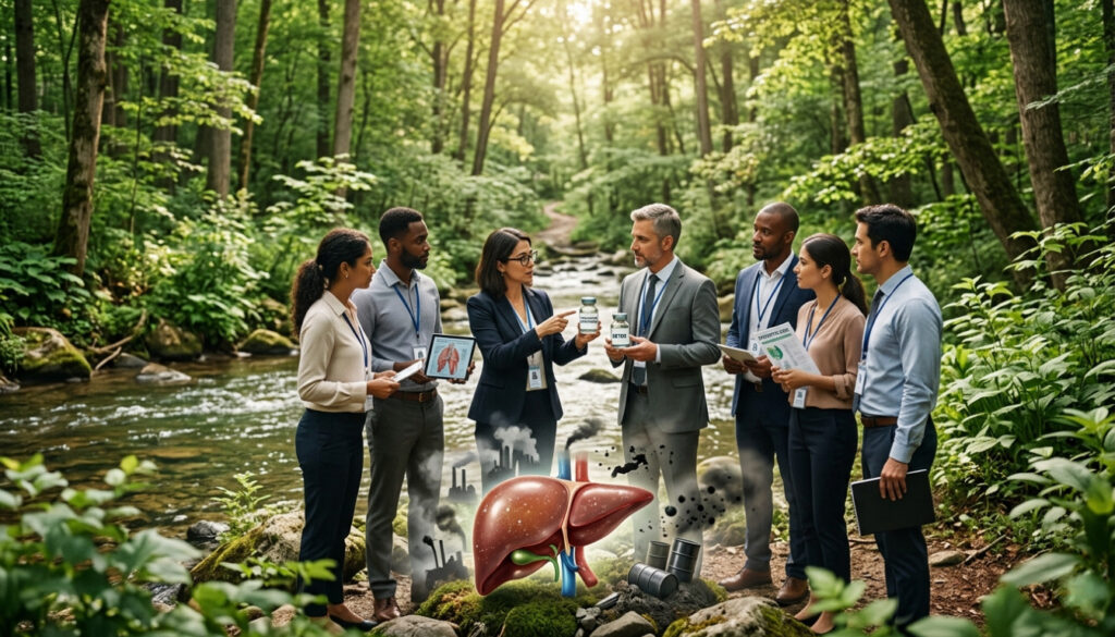 A serene, panoramic forest scene (background) showcasing vibrant greenery and an array of healthy plants. In the middle ground, a diverse group of individuals in professional business attire stands around a clear, flowing river that reflects the natural beauty around them. They are engaged in a discussion, examining vials labeled ‘Detox’ and ‘Vaccination Strategies,’ which represent healthy lifestyle choices and preventive care. The foreground features a close-up of a glistening liver model, surrounded by symbols of environmental toxins, including subtle ghostly silhouettes of pollutants. The lighting is warm and inviting, suggesting hope and health, with sun rays filtering through leaves, casting a gentle glow. The atmosphere feels proactive and educational, emphasizing wellness and community awareness without any text or distractions. A serene, panoramic forest scene (background) showcasing vibrant greenery and an array of healthy plants. In the middle ground, a diverse group of individuals in professional business attire stands around a clear, flowing river that reflects the natural beauty around them. They are engaged in a discussion, examining vials labeled ‘Detox’ and ‘Vaccination Strategies,’ which represent healthy lifestyle choices and preventive care. The foreground features a close-up of a glistening liver model, surrounded by symbols of environmental toxins, including subtle ghostly silhouettes of pollutants. The lighting is warm and inviting, suggesting hope and health, with sun rays filtering through leaves, casting a gentle glow. The atmosphere feels proactive and educational, emphasizing wellness and community awareness without any text or distractions.