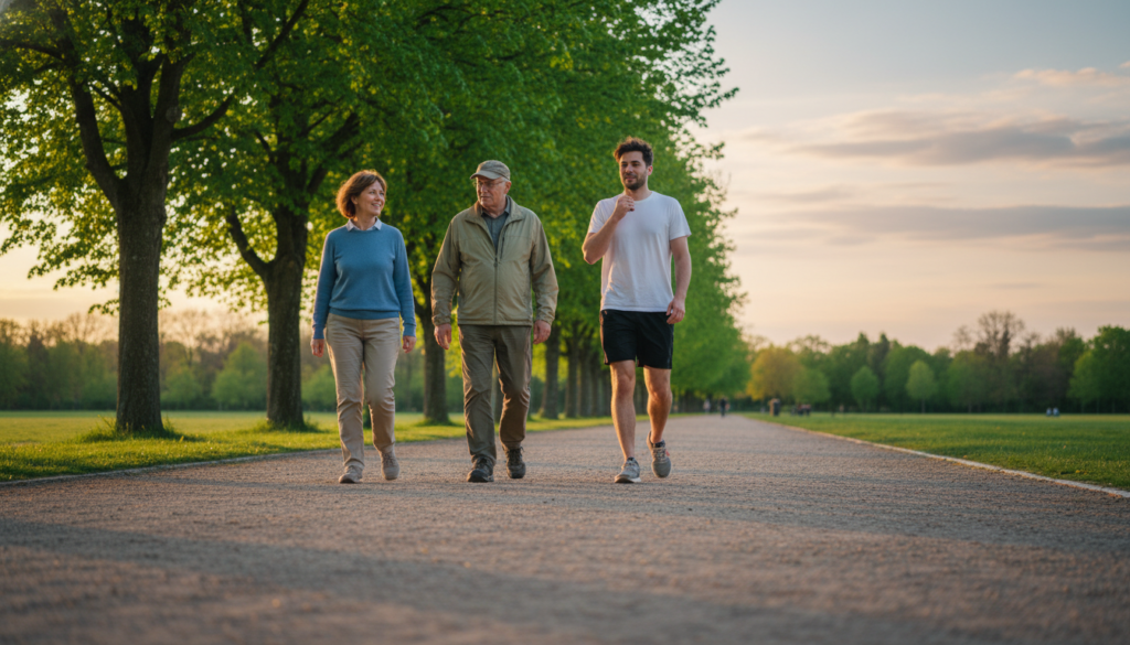 A serene park pathway in the foreground, featuring three individuals dressed in modest casual clothing, each engaged in a slow walking routine at approximately 2 MPH. The first person, a middle-aged woman with short hair, smiles as she walks alongside an older man wearing a light jacket, who nods thoughtfully. The third subject, a young man in a t-shirt and shorts, enjoys the brisk, fresh air as he maintains a steady pace. In the middle ground, a row of vibrant green trees reflects soft sunlight, creating dappled shadows on the path. In the background, a sunset casts warm orange and pink hues across the horizon, adding a tranquil atmosphere. The scene is captured from a low angle, emphasizing the subjects' steady pace and the inviting nature of the environment.