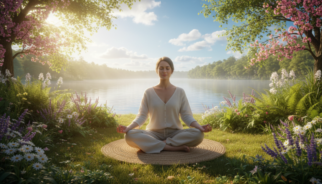 A serene scene depicting a peaceful outdoor meditation space. In the foreground, a person dressed in comfortable, modest casual clothing sits cross-legged on a soft mat, eyes closed, deep in meditation. The middle layer showcases lush greenery with gentle flowers blooming, symbolizing growth and tranquility. In the background, a calm lake reflects the clear blue sky and fluffy white clouds, enhancing the atmosphere of serenity. Soft golden sunlight streams through the trees, creating warm highlights and gentle shadows. The overall mood conveys a sense of calm and clarity, inviting viewers to release their worries and embrace the present moment. The image should be peaceful and harmonious, evoking feelings of relaxation and inner peace. A serene scene depicting a peaceful outdoor meditation space. In the foreground, a person dressed in comfortable, modest casual clothing sits cross-legged on a soft mat, eyes closed, deep in meditation. The middle layer showcases lush greenery with gentle flowers blooming, symbolizing growth and tranquility. In the background, a calm lake reflects the clear blue sky and fluffy white clouds, enhancing the atmosphere of serenity. Soft golden sunlight streams through the trees, creating warm highlights and gentle shadows. The overall mood conveys a sense of calm and clarity, inviting viewers to release their worries and embrace the present moment. The image should be peaceful and harmonious, evoking feelings of relaxation and inner peace.