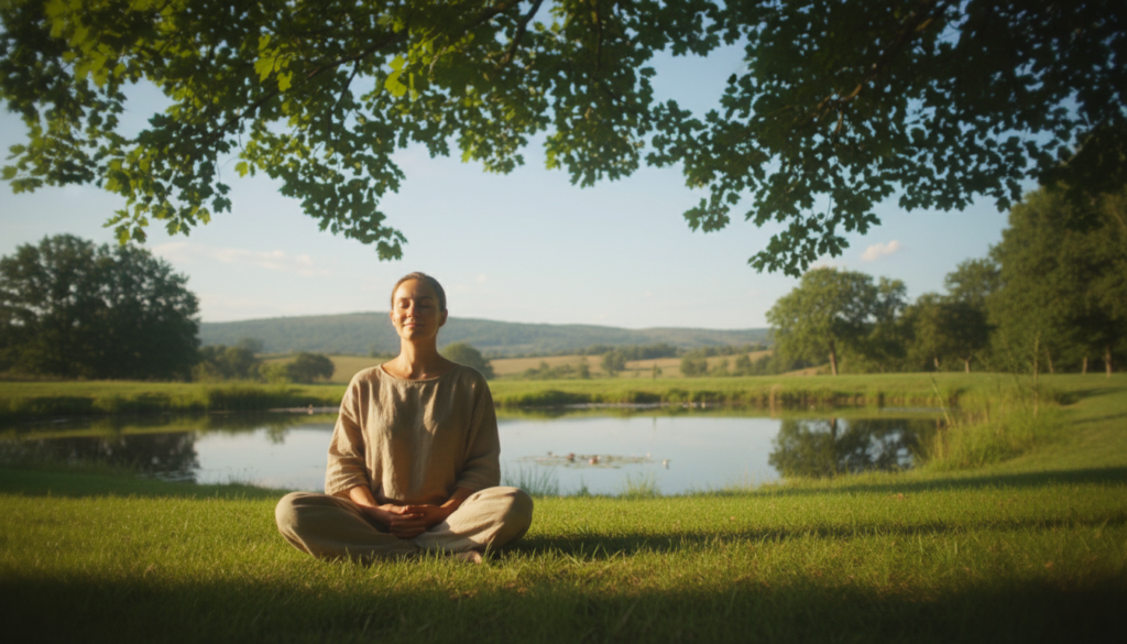 A serene scene depicting an individual seated in a peaceful natural setting, practicing mindfulness to develop inner voice awareness. In the foreground, a person in modest casual clothing sits cross-legged on a soft patch of grass, eyes closed, and a calm expression, with gentle rays of sunlight filtering through the leaves above. The middle ground features soft greenery and a tranquil pond reflecting the surrounding trees, symbolizing inner peace and clarity. In the background, soothing hills roll into the distance under a clear blue sky, enhancing the atmosphere of tranquility. The overall mood is contemplative and serene, with a soft-focus lens effect emphasizing the peaceful connection between self-awareness and nature.