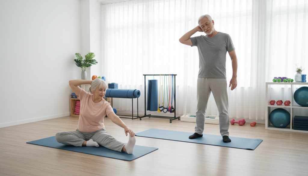 A serene studio environment designed for seniors practicing mobility exercises. In the foreground, a senior woman and a senior man, both dressed in modest, comfortable workout clothes, are engaged in gentle stretching exercises. The woman is doing a seated hamstring stretch, while the man performs a simple neck rotation. In the middle ground, exercise mats and light weights are neatly arranged for easy access. The background features large windows allowing soft, natural light to brighten the space, creating a warm and inviting atmosphere. The camera angle is slightly elevated, providing a clear view of the exercises and the environment. The overall mood is calm and encouraging, emphasizing health, flexibility, and community support for seniors.