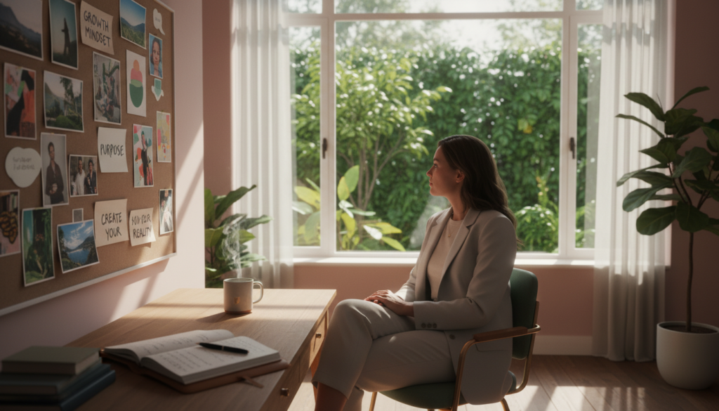 A serene workspace depicting a person in professional business attire seated at a desk, looking thoughtfully at a vision board filled with positive affirmations and inspiring images. In the foreground, a steaming cup of herbal tea rests beside an open journal. The middle of the image showcases a large window allowing warm, natural light to flood in, casting soft shadows across the room. In the background, lush greenery is visible outside, symbolizing growth and renewal. The atmosphere is calm and uplifting, evoking a sense of focus and intention. The color palette consists of soft pastels and earthy tones, enhancing the feeling of tranquility and motivation. Subtle bokeh effects in the background draw attention to the act of self-care and mindset transformation, inviting viewers into a space of reflection and positive change.