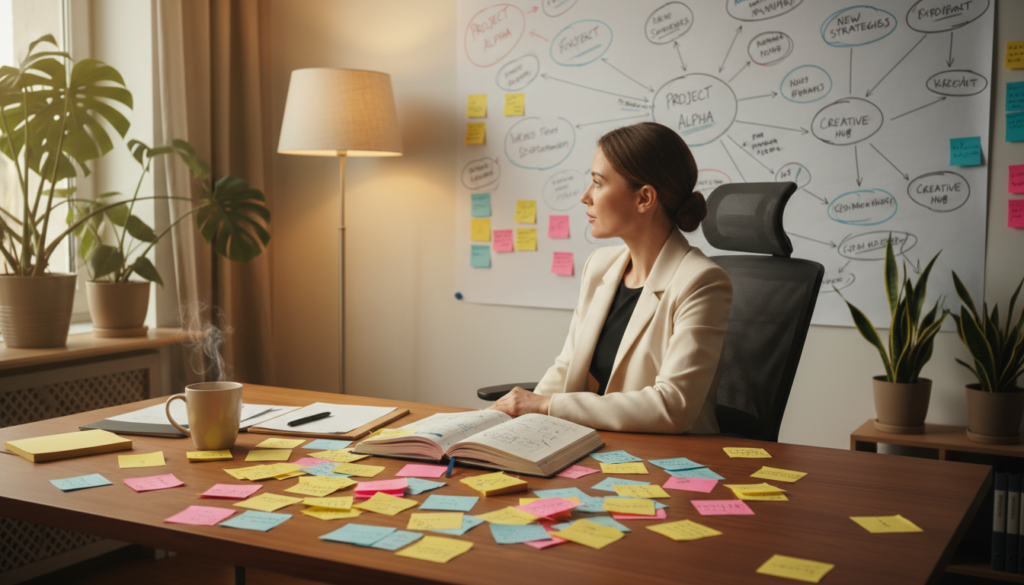 A serene workspace scene representing the concept of "brain dumping." In the foreground, a cluttered wooden desk features an open notebook filled with handwritten notes, colorful sticky notes scattered around, and a steaming cup of coffee. In the middle ground, a focused individual dressed in professional attire, seated comfortably in an ergonomic chair, gazes thoughtfully at a wall covered in mind maps and brainstorming ideas. The background includes soft, warm lighting from a nearby lamp, creating an inviting atmosphere, with potted plants adding a touch of calm greenery. The overall mood is one of introspection and creativity, encapsulating the essence of a mental reset through organized chaos.