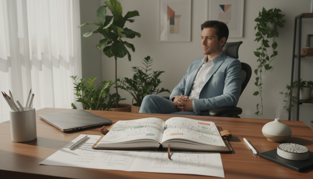A serene workspace showcasing cognitive clearing and mental organization. In the foreground, a clear desk with neatly arranged stationery, a closed laptop, and an open journal filled with organized notes and mind maps. In the middle ground, a person in professional attire, quietly reflecting, with a focused expression, facing the desk. Soft, natural light filters through a large window, casting gentle shadows that evoke a calm atmosphere. The background features green plants and minimalist decor, enhancing the feeling of tranquility and clarity. The overall mood is peaceful and productive, emphasizing mental clarity and structured thought processes.
