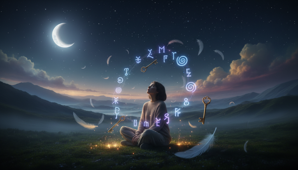 A surreal dreamscape filled with ethereal symbols representing spiritual messages, featuring a luminous crescent moon surrounded by twinkling stars in a velvety night sky. In the foreground, a serene figure in modest casual clothing, gazing thoughtfully at a kaleidoscope of vibrant dream symbols—including feathers, keys, and ancient glyphs—floating around them, each glowing softly with an otherworldly light. The middle ground showcases rolling hills that fade into a misty horizon, where ethereal wisps of clouds blend colors in shades of blue, purple, and gold, creating a mystical atmosphere. The lighting is soft and dreamlike, casting gentle glows and shadows, enhancing the tranquil yet mysterious mood of the scene. The perspective is slightly elevated, offering a panoramic view that captures the vastness of the dream realm.