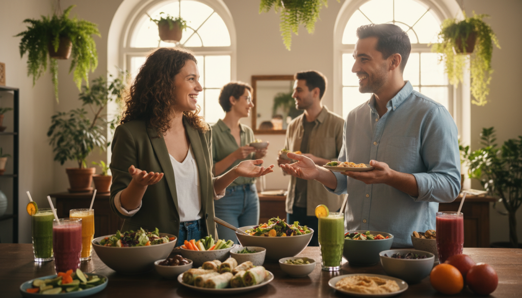 A vibrant and inviting scene depicting a group of diverse individuals engaged in a warm, friendly gathering, showcasing vegan lifestyle tips in a social context. In the foreground, a polished wooden table is adorned with an array of colorful vegan dishes, such as fresh salads, plant-based appetizers, and smoothies, emphasizing healthy choices. The middle ground features two individuals, a woman in a smart casual outfit and a man in a business casual shirt, animatedly discussing vegan options while smiling and gesturing. In the background, soft natural lighting filters through large windows, creating a warm, welcoming atmosphere. Green plants and hanging herbs add a touch of nature, enhancing the ethical living theme. The image conveys a sense of community, support, and joy in the vegan lifestyle without any text or distractions.