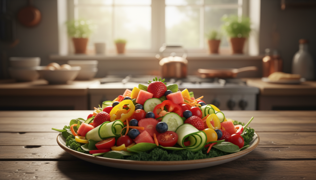 A vibrant, colorful display of high-volume low-calorie foods arranged on a large plate in the foreground, featuring mixed leafy greens, crisp vegetables like cucumbers and bell peppers, and a variety of whole fruits such as strawberries and watermelon. In the middle, there should be a rustic wooden table surface that contrasts nicely with the bright colors of the food. The background is softly blurred, showcasing a cozy kitchen environment with warm, natural lighting filtering in through a window, creating an inviting atmosphere. The angle is slightly top-down, emphasizing the abundance of food on the plate while maintaining a clear focus on the healthful items that convey fullness without excess calories.