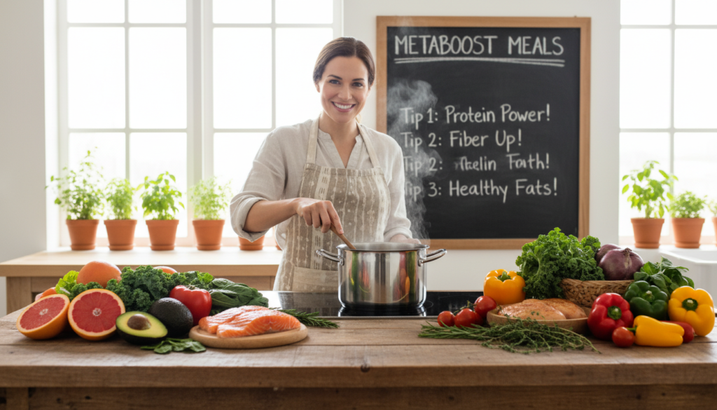 A vibrant kitchen scene showcasing the concept of optimizing metabolic rate through whole foods. In the foreground, a wooden table is laden with colorful, whole foods like leafy greens, avocados, and lean proteins, arranged artistically. In the middle, a chef in modest casual clothing prepares a healthy meal, stirring a pot and smiling, with a warm, inviting expression. The background features a bright, sunlit kitchen with herbs in pots on the windowsill, and a chalkboard with cooking tips written in neat handwriting. The lighting is soft and natural, highlighting the freshness of the ingredients. The atmosphere feels energetic and wholesome, emphasizing the theme of cooking for health and metabolism.