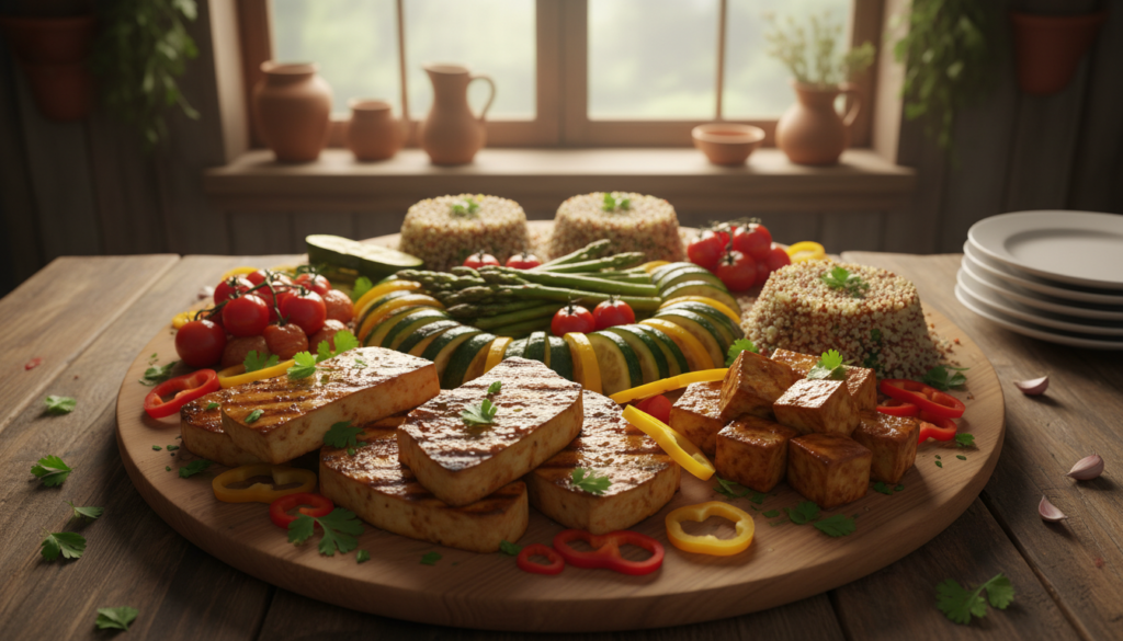 A vibrant, overhead view of a beautifully arranged platter featuring tofu dishes as a meat alternative. In the foreground, showcase a variety of marinated and grilled tofu pieces, some resembling steak and others cut into cubes, garnished with fresh herbs and colorful peppers. The middle ground includes an assortment of grilled vegetables and quinoa, artfully arranged around the tofu, highlighting a healthy, plant-based meal. In the background, a rustic kitchen scene with warm, natural lighting emanating from a window, enhancing a cozy, inviting atmosphere. The angle captures the food at an enticing perspective, inviting the viewer to explore this creative swap for their favorite meat dishes.