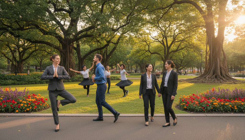 A vibrant scene showcasing diverse activities representing movement variety in an urban park setting. In the foreground, a diverse group of people in professional business attire engages in various movements: a woman in a sleek suit performs yoga, while a man jogs with a focused expression, and a couple strolls leisurely, enjoying conversation. The middle ground features a small group participating in a dance class, highlighting rhythm and joy. In the background, lush greenery and blooming flowers offer a refreshing atmosphere, while scaling trees create a sense of height and expansiveness. The golden hour sunlight bathes the scene, casting warm, soft shadows. The composition captures an energetic yet serene mood, encouraging an appreciation for diverse ways to incorporate movement into daily life.