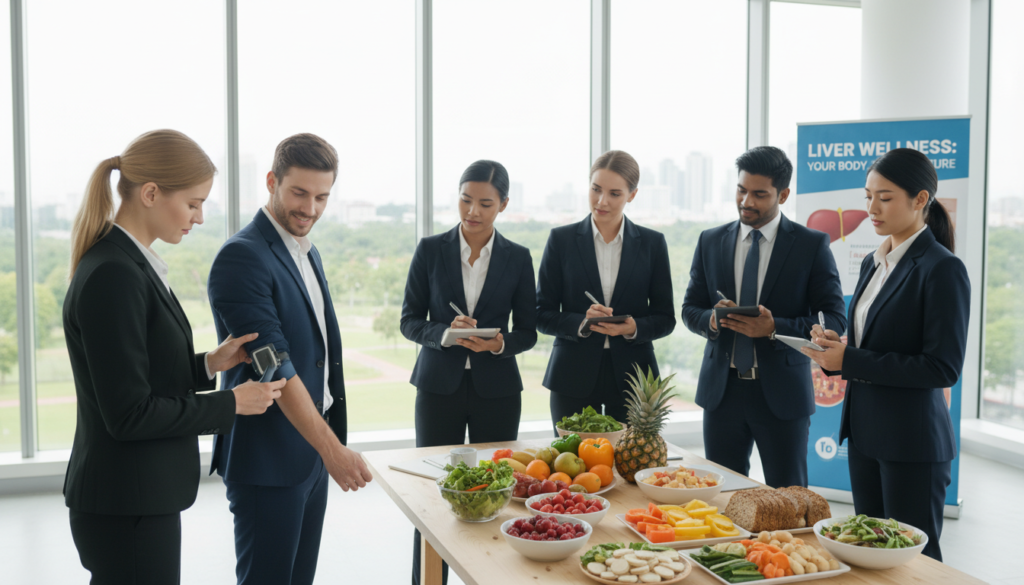 A visually compelling representation of liver disease prevention, featuring a diverse group of individuals in professional business attire engaging in a wellness workshop. In the foreground, a focused woman is measuring body fat percentage with a caliper, while a diverse group observes intently; some taking notes. The middle ground showcases a variety of healthy foods, such as fruits, vegetables, and whole grains, arranged artfully on a table to emphasize nutrition. The background features a bright, airy room with large windows allowing natural light to illuminate the scene, creating a warm and inviting atmosphere. The composition is well-balanced, and the overall mood conveys empowerment and positivity, underlining the importance of body composition for liver health. A visually compelling representation of liver disease prevention, featuring a diverse group of individuals in professional business attire engaging in a wellness workshop. In the foreground, a focused woman is measuring body fat percentage with a caliper, while a diverse group observes intently; some taking notes. The middle ground showcases a variety of healthy foods, such as fruits, vegetables, and whole grains, arranged artfully on a table to emphasize nutrition. The background features a bright, airy room with large windows allowing natural light to illuminate the scene, creating a warm and inviting atmosphere. The composition is well-balanced, and the overall mood conveys empowerment and positivity, underlining the importance of body composition for liver health.