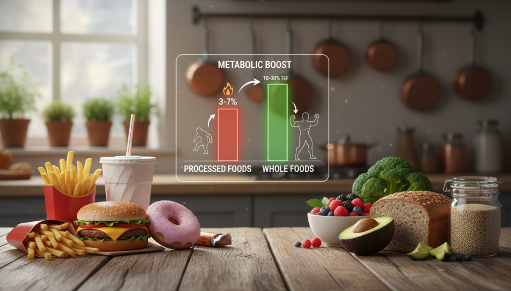 A visually engaging depiction of processed foods versus whole foods, illustrating their impact on metabolic rate. In the foreground, a vibrant arrangement of processed foods like fast food items, snacks, and sugary beverages; contrasting against whole foods like fresh vegetables, fruits, and grains prominently placed on a rustic wooden table. In the middle ground, a graph or infographic subtly embedded, displaying the thermic effect associated with these foods. The background features a softly lit kitchen environment, enhancing a warm and educational atmosphere. Use natural lighting to highlight textures, with a shallow depth of field to focus on the food items while creating an inviting scene that conveys the topic’s significance.