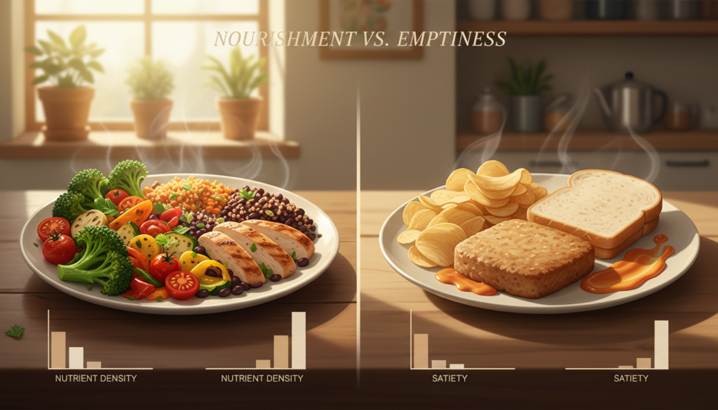 A visually engaging illustration comparing nutrient density and satiety levels, featuring two contrasting plates of food. In the foreground, one plate displays a colorful, nutrient-dense meal packed with vegetables, whole grains, and proteins, showcasing vibrant colors and textures that evoke satisfaction. The second plate, in the middle ground, contains processed, low-nutrient foods, appearing dull and uninviting. The background is a softly blurred kitchen or dining setting, subtly lit with warm, natural light to create an inviting atmosphere. The image should have a slight overhead angle, emphasizing the contrast between the plates. The overall mood conveys the theme of nourishment vs. emptiness, highlighting the importance of food choices in achieving satiety.