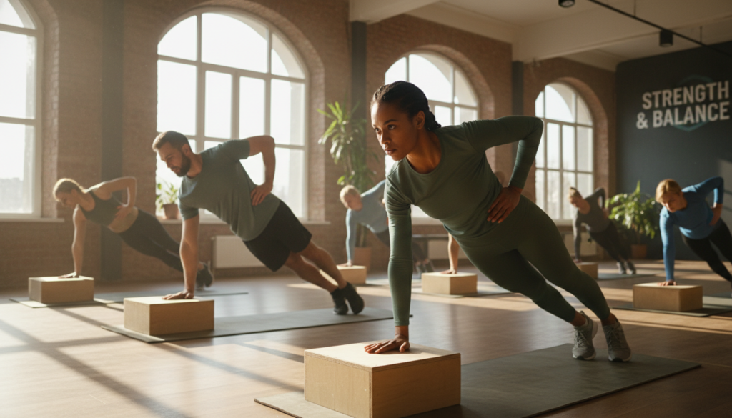 A well-defined fitness scene showcasing a diverse group of individuals performing Copenhagen planks on a wooden gym mat. In the foreground, a woman in modest athletic wear demonstrates the plank with proper form, engaging her adductor muscles, her expression focused and determined. The middle ground features another person supporting themselves with their arm against a bench, illustrating the exercise’s versatility. The background shows a bright, airy gym with large windows letting in natural sunlight, casting soft shadows across the floor. The atmosphere is motivational, highlighting strength training and injury prevention. The image should be captured from a slightly elevated angle, emphasizing the proper technique and physical alignment of the participants, with a warm color palette enhancing the inviting environment. A well-defined fitness scene showcasing a diverse group of individuals performing Copenhagen planks on a wooden gym mat. In the foreground, a woman in modest athletic wear demonstrates the plank with proper form, engaging her adductor muscles, her expression focused and determined. The middle ground features another person supporting themselves with their arm against a bench, illustrating the exercise’s versatility. The background shows a bright, airy gym with large windows letting in natural sunlight, casting soft shadows across the floor. The atmosphere is motivational, highlighting strength training and injury prevention. The image should be captured from a slightly elevated angle, emphasizing the proper technique and physical alignment of the participants, with a warm color palette enhancing the inviting environment.