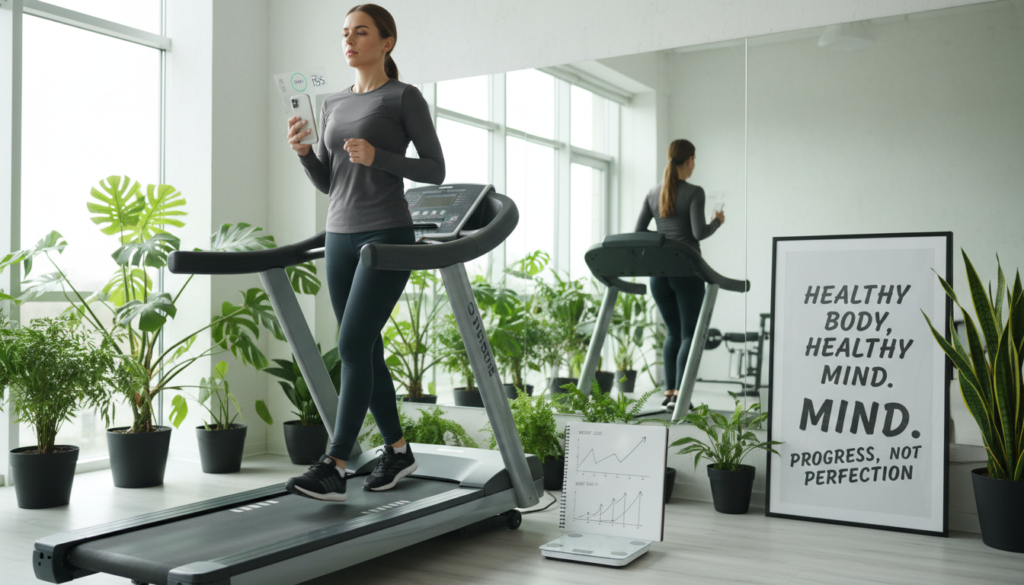 A well-lit fitness studio scene focused on tracking progress during fat-burning exercises. In the foreground, a fit individual in modest athletic wear stands on a treadmill, using a smartphone app to measure their heart rate and calories burned. Next to them, a digital smart scale and a notepad with graphs showing progress over time. In the middle ground, a wall-mounted mirror reflects their determined expression and a motivational poster about healthy living. The background features bright, natural lighting from large windows, showcasing a plant-filled environment that enhances the atmosphere of wellness and determination. The mood is inspiring, conveying a sense of focus and achievement in personal health goals, shot from a slight low angle to evoke empowerment.