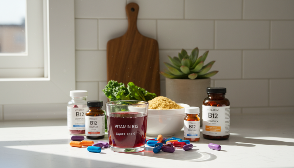 A well-lit kitchen countertop setting featuring an array of vitamin B12 supplements, including capsules and liquid forms. In the foreground, a transparent glass filled with bright red liquid B12, surrounded by colorful capsules of various sizes and shapes. In the middle, a small dish of nutritional yeast sits alongside a fresh bunch of leafy greens, symbolizing plant-based sources. The background includes a potted succulent and a subtle wooden cutting board to enhance a natural, earthy atmosphere. Soft morning light filters through a nearby window, casting gentle shadows and creating a warm, inviting mood. The composition should convey a sense of balance and health, suitable for a wellness-focused article.