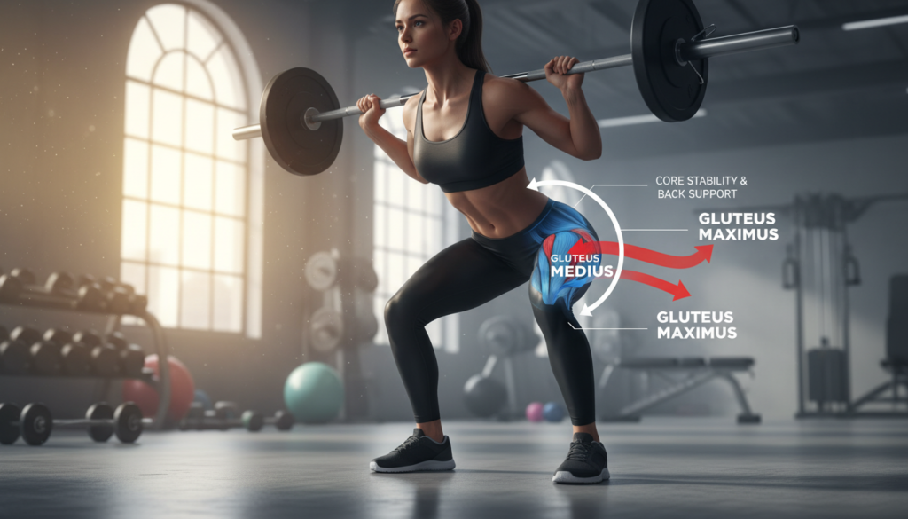 Create an educational illustration focused on muscle function, specifically highlighting the gluteal muscles. In the foreground, feature a professional human figure dressed in athletic wear, demonstrating a glute activation exercise, like a squat or bridge, with clear emphasis on muscle contraction. In the middle ground, depict anatomical overlays that show the gluteus maximus, medius, and minimus, with arrows indicating movement and function. The background should feature a softly blurred gym setting with subtle light streaming in from large windows, creating a bright and motivating atmosphere. Use a slightly elevated angle to capture the full body and the intricacies of muscle function clearly. The overall mood should be dynamic and inspiring, inviting viewers to focus on the importance of glute strength for back support. Create an educational illustration focused on muscle function, specifically highlighting the gluteal muscles. In the foreground, feature a professional human figure dressed in athletic wear, demonstrating a glute activation exercise, like a squat or bridge, with clear emphasis on muscle contraction. In the middle ground, depict anatomical overlays that show the gluteus maximus, medius, and minimus, with arrows indicating movement and function. The background should feature a softly blurred gym setting with subtle light streaming in from large windows, creating a bright and motivating atmosphere. Use a slightly elevated angle to capture the full body and the intricacies of muscle function clearly. The overall mood should be dynamic and inspiring, inviting viewers to focus on the importance of glute strength for back support.