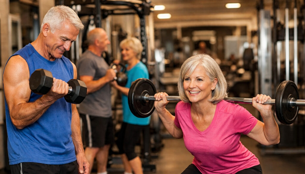 Exercise for people over 50, fitness after 50, strength training in a gym setting for seniors