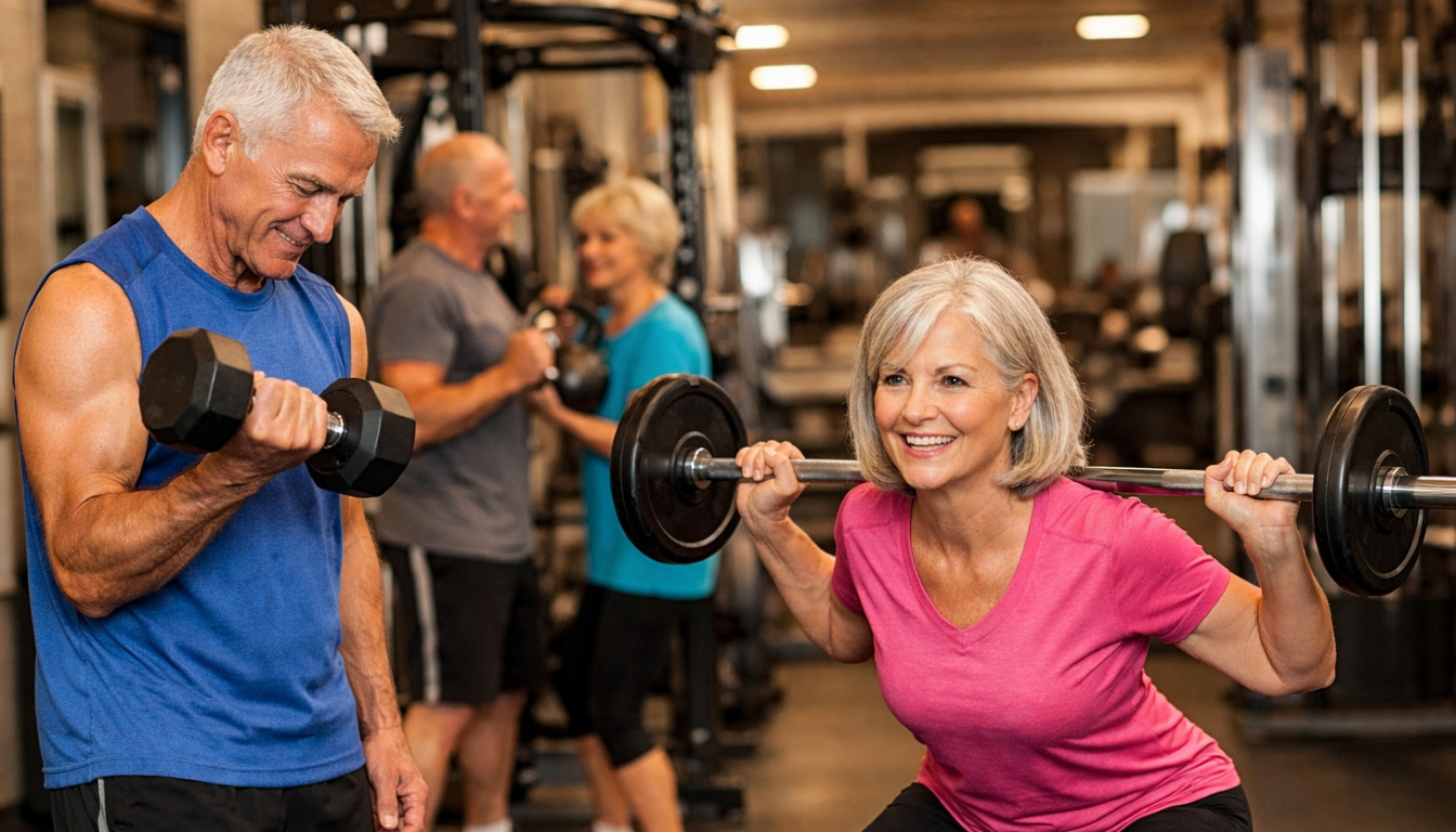 Exercise for people over 50, fitness after 50, strength training in a gym setting for seniors