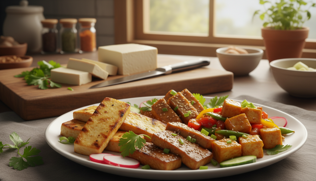 Primary: tofu meat alternative, tofu instead of chicken, plant-based protein