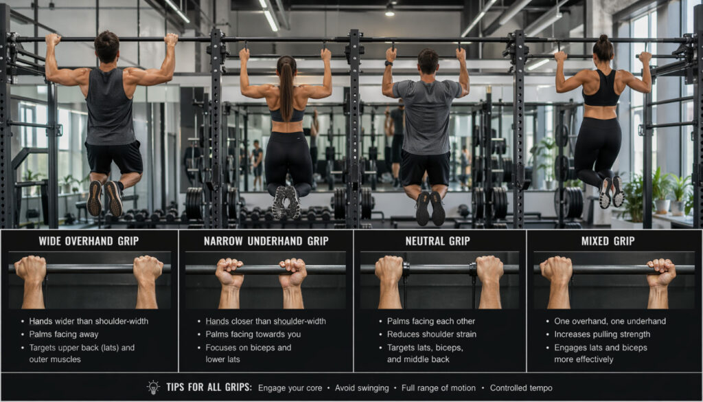 a photo-quality image 1344 x 768px...A detailed illustration showcasing various grips for pull-ups. In the foreground, a range of pull-up bars with different grip options: wide overhand, narrow underhand, neutral, and mixed, each distinctly highlighted. In the middle ground, include a diverse group of individuals in modest athletic wear, demonstrating each grip variation, focusing on their hand positioning and body alignment. The background should feature a modern, well-lit gym environment, with high ceilings and mirrored walls, enhancing the professional atmosphere. Use soft, natural lighting to create a motivating mood, emphasizing the individuals’ focus and determination. The angle should be slightly elevated to capture both the grips and the performers effectively, showcasing the variations in pull-up techniques.