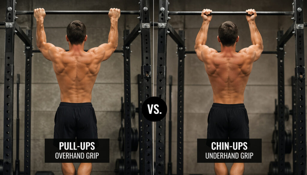 a photo-quality image 1344 x 768px...Pull-ups vs chin-ups · two athletes side-by-side. one performing Overhand grip pull-ups and one performing underhand grip chin-ups · Latissimus dorsi exercises