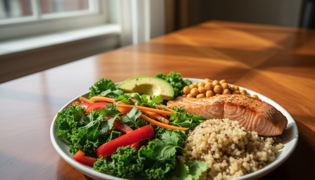 A beautifully arranged plate showcasing various food pairings that promote health and wellness. In the foreground, vibrant vegetables like kale, bell peppers, and carrots are artfully arranged alongside whole grains such as quinoa and brown rice. Juicy slices of avocado and fresh herbs add a splash of color. In the middle, there are lean proteins like grilled salmon and chickpeas, creating visual contrast and texture. The background features an elegant wooden table with soft, natural light streaming through a nearby window, casting gentle shadows and enhancing the colors of the food. The atmosphere exudes warmth and health, inviting viewers to understand the concept of synergy in nutrition. The focus is sharp, resembling a close-up shot, highlighting the freshness and vibrancy of the ingredients.