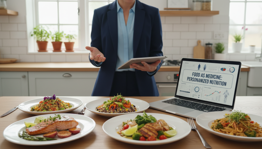 A beautifully arranged table showcasing a variety of medically tailored meals designed for different dietary needs. In the foreground, colorful, fresh plates feature nutrient-dense ingredients such as bright vegetables, lean proteins, and whole grains, artfully garnished. In the middle ground, a health professional in professional business attire inspects the meals, highlighting their importance in healthcare, while a laptop with health data and schematics displays nutritional information nearby. The background presents a serene kitchen environment with soft, natural light streaming through a window, creating an inviting and hopeful atmosphere. The focus is warm and inviting, illustrating the intersection of nutrition and healthcare, emphasizing the concept of "food as medicine."