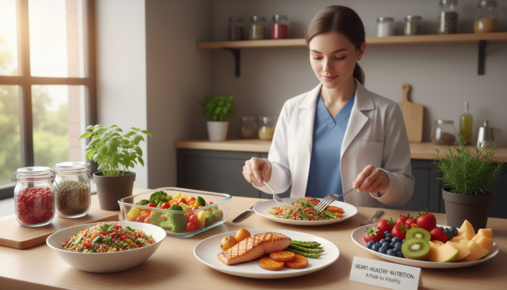 A beautifully arranged table showcasing a variety of medically tailored meals designed for heart disease. In the foreground, vibrant dishes featuring grilled salmon, quinoa salad, steaming vegetables, and fresh fruits are artfully presented on elegant plates. In the middle, a nurse in professional attire carefully plates a meal, embodying a sense of care and expertise. The background includes a softly lit kitchen environment, with colorful herbs and spices in tasteful jars, fostering a warm and inviting atmosphere. Natural light floods in through a window, creating a fresh, healthy vibe. The image conveys a sense of hope and vitality, highlighting the vital role of nutrition in managing heart disease.