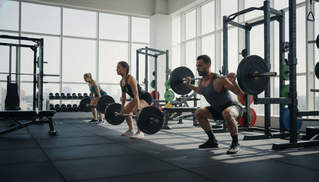 A bright and dynamic gym environment, showcasing an intense weightlifting session focused on deadlifts and squats. In the foreground, a diverse group of athletes in professional workout attire, including a mix of men and women, are engaged in lifting heavy weights, showcasing proper form and technique. The middle ground features a well-equipped gym with various weightlifting stations, barbells, and colorful plates. In the background, large windows let in natural light, highlighting the focus and determination on the athletes' faces. Soft shadows add depth, while the overall atmosphere conveys motivation and strength. Capture this scene from a slightly low angle to emphasize the power of the lifters and the intensity of their workouts. A bright and dynamic gym environment, showcasing an intense weightlifting session focused on deadlifts and squats. In the foreground, a diverse group of athletes in professional workout attire, including a mix of men and women, are engaged in lifting heavy weights, showcasing proper form and technique. The middle ground features a well-equipped gym with various weightlifting stations, barbells, and colorful plates. In the background, large windows let in natural light, highlighting the focus and determination on the athletes' faces. Soft shadows add depth, while the overall atmosphere conveys motivation and strength. Capture this scene from a slightly low angle to emphasize the power of the lifters and the intensity of their workouts.
