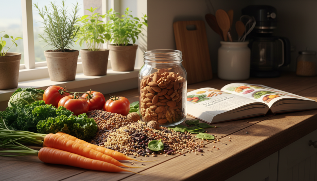 A bright, inviting kitchen scene depicting a diverse array of nutritious foods arranged artfully on a wooden countertop. In the foreground, vibrant fruits and vegetables such as bright orange carrots, dark leafy greens, and rich red tomatoes are paired artistically with whole grains and legumes. In the middle, a clear glass jar of nuts and seeds adds texture, while a cookbook opened to a page on nutrient bioavailability hints at the concept of food pairing. Soft natural light filters through a nearby window, casting gentle shadows and creating a warm atmosphere. In the background, herbal plants in pots symbolize freshness and vitality. The overall mood is informative yet inspiring, capturing the essence of maximizing nutrient absorption through thoughtful food combinations.