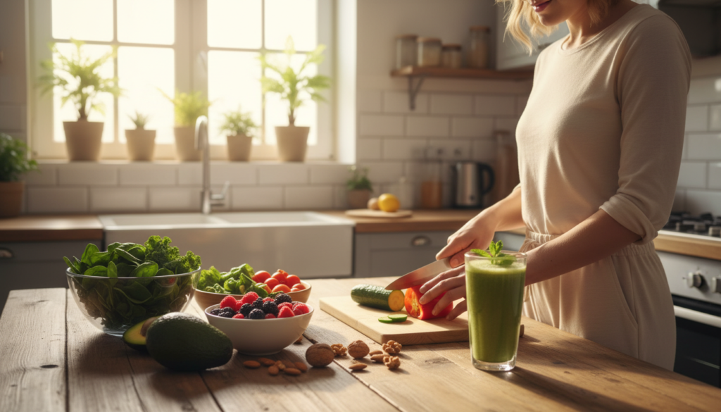 A bright, inviting kitchen scene that illustrates natural methods to lower high cholesterol. In the foreground, a wooden table displays an array of vibrant fruits and vegetables, such as avocados, berries, leafy greens, and nuts, arranged artfully alongside a glass of fresh, green smoothie. In the middle, a person in modest casual clothing is preparing a healthy meal, chopping vegetables with a knife, exuding a sense of focus and dedication. The background features a sunlit window with plants, adding a warm and wholesome atmosphere. Soft, natural lighting bathes the entire space, creating a serene and uplifting mood. The camera angle is slightly above eye level, giving a clear view of the preparation process while maintaining a cozy kitchen ambiance.